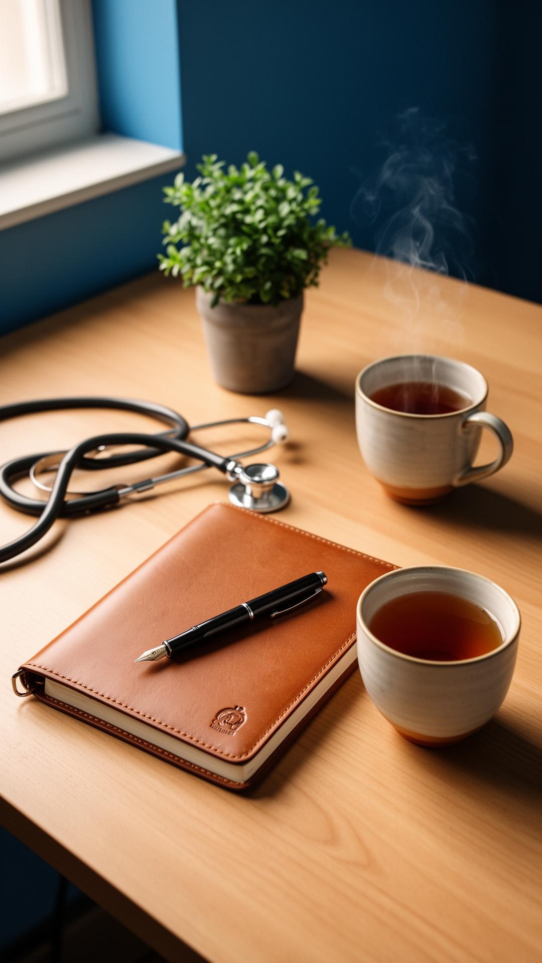 A warm, softly lit desk flat-lay — a leather notepad with a fountain pen, a stethoscope coiled to one side, a small green plant, and a ceramic cup of tea by a window.